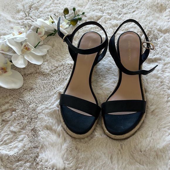Stuart Weitzman Shoes - NWOB Stuart Weitzman Teddi Leather Espadrille Wedge Sandal Black Size 38.5